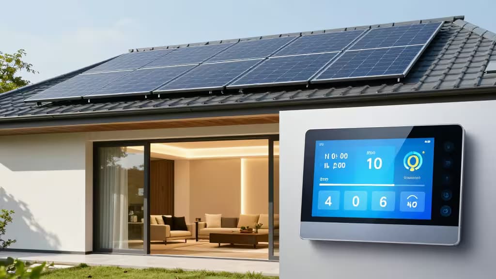 Modern home with rooftop solar panels and wall-mounted smart energy dashboard displaying real-time data.