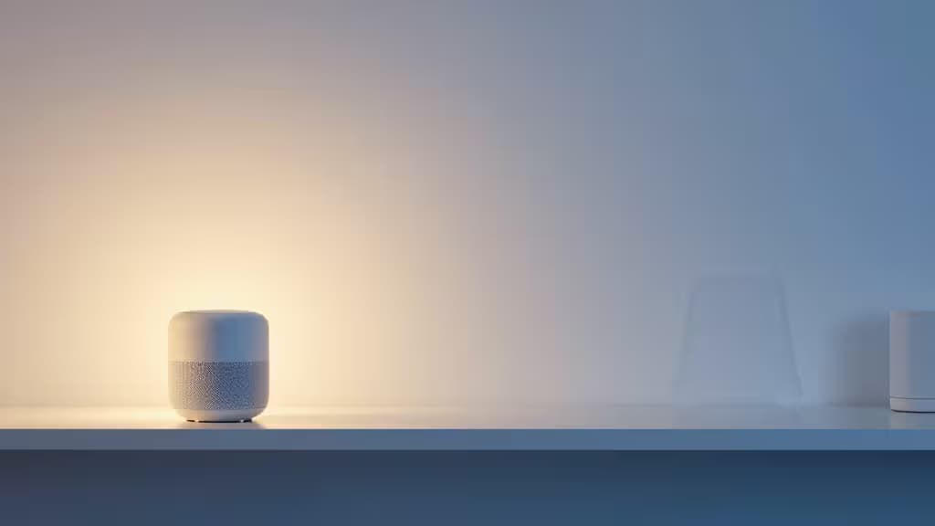 Un altavoz inteligente blanco de tela reposa sobre un estante minimalista, iluminado por luz ambiental cálida contra una pared de degradado suave.