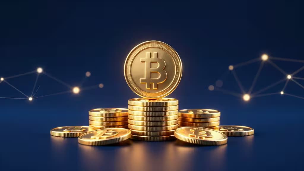 Pile de pièces Bitcoin dorées sur fond bleu sombre, illuminée par des lignes de réseau lumineuses symbolisant les plateformes de staking crypto.