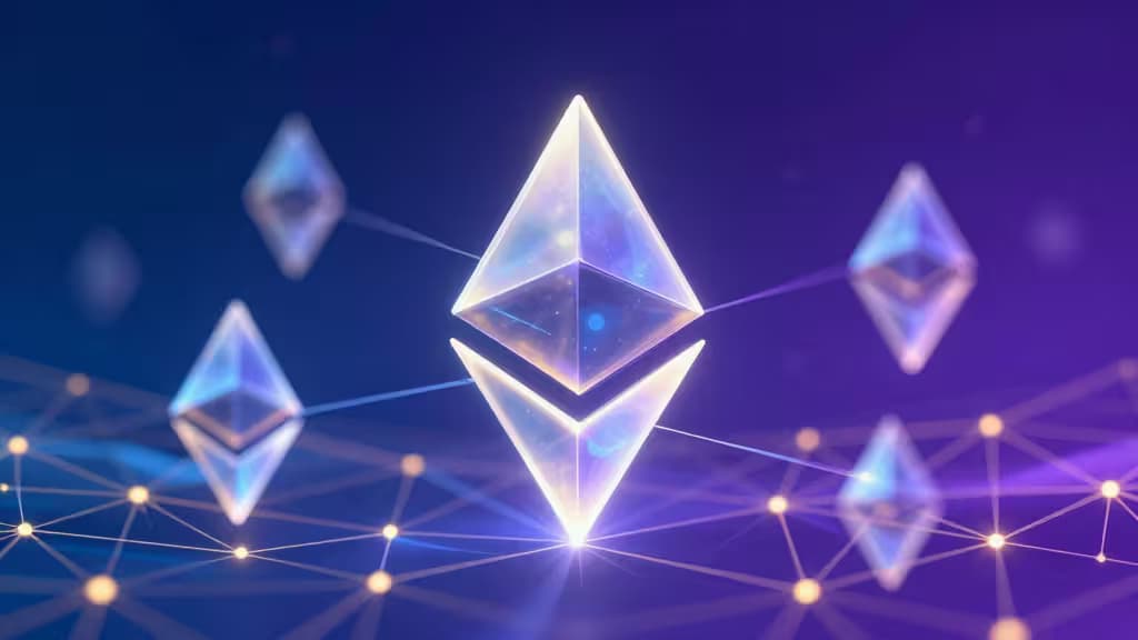 Glowing crystal Ethereum logos float above a glowing network grid on a deep blue-purple background.