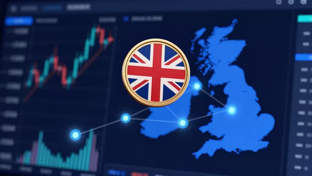 Uma moeda dourada com a bandeira Union Jack flutua sobre um mapa azul do Reino Unido, ligada por nós luminosos, contra um fundo de gráfico de trading.