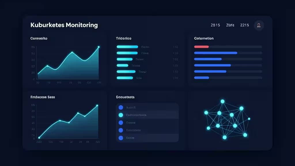 Abstract Kubernetes monitoring dashboard with glowing metric graphs, log streams, and network topology nodes on a dark navy background