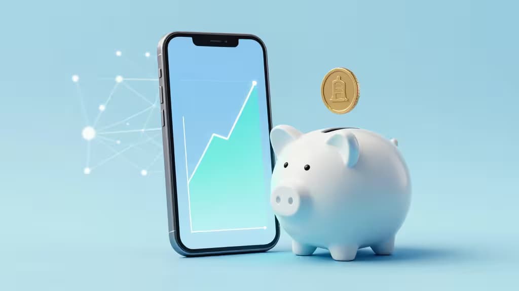 Smartphone displays rising graph beside piggy bank with floating coin, symbolizing AI-driven automatic savings.