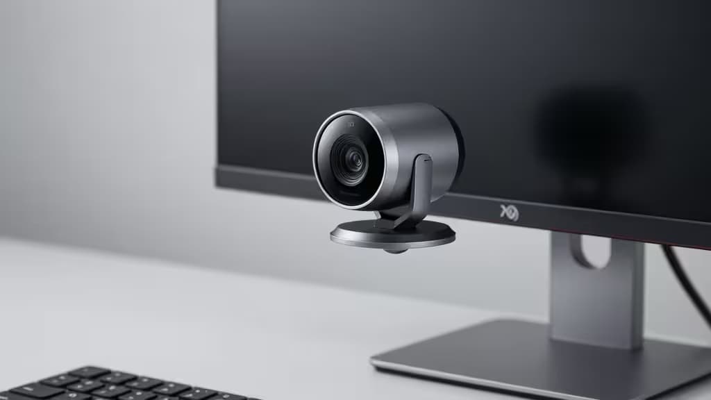 A sleek 4K webcam mounted on a modern monitor in a minimalist desk setup with soft studio lighting