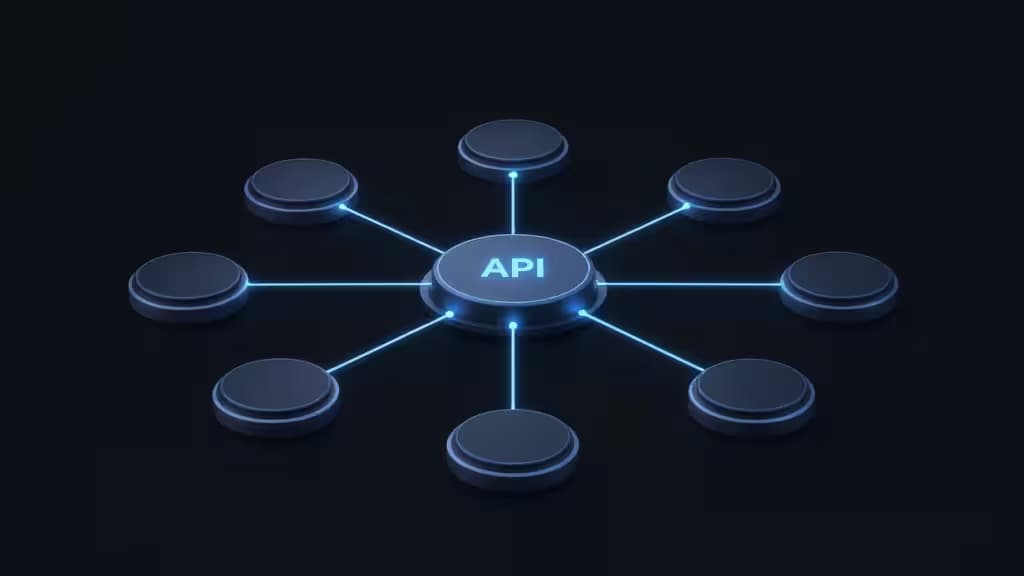 Glowing blue API hub connects eight dark circular nodes via luminous lines against a black background.