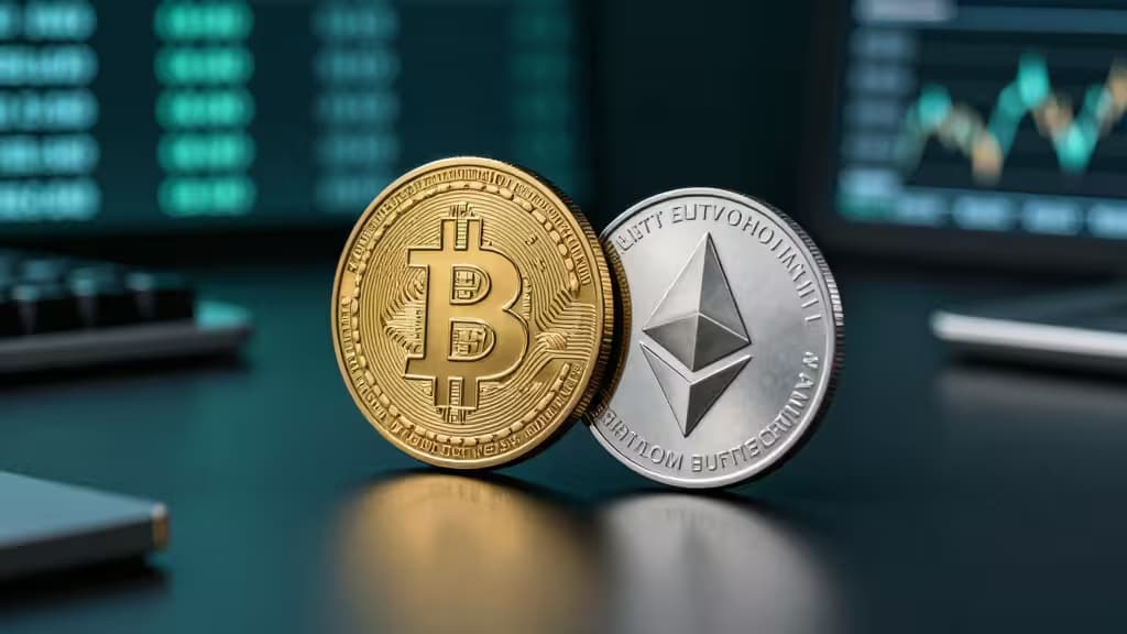 A golden Bitcoin coin and a silver Ethereum coin resting on a modern brokerage trading desk with soft cinematic lighting against a dark teal background.