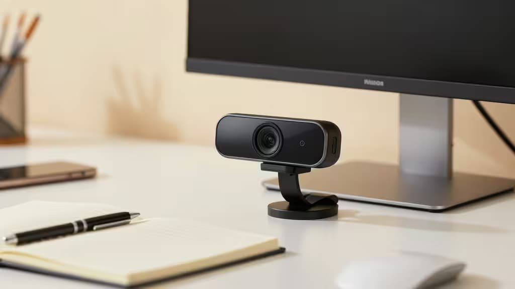 Webcam nera montata su monitor, illuminazione calda, postazione di lavoro pulita e moderna.