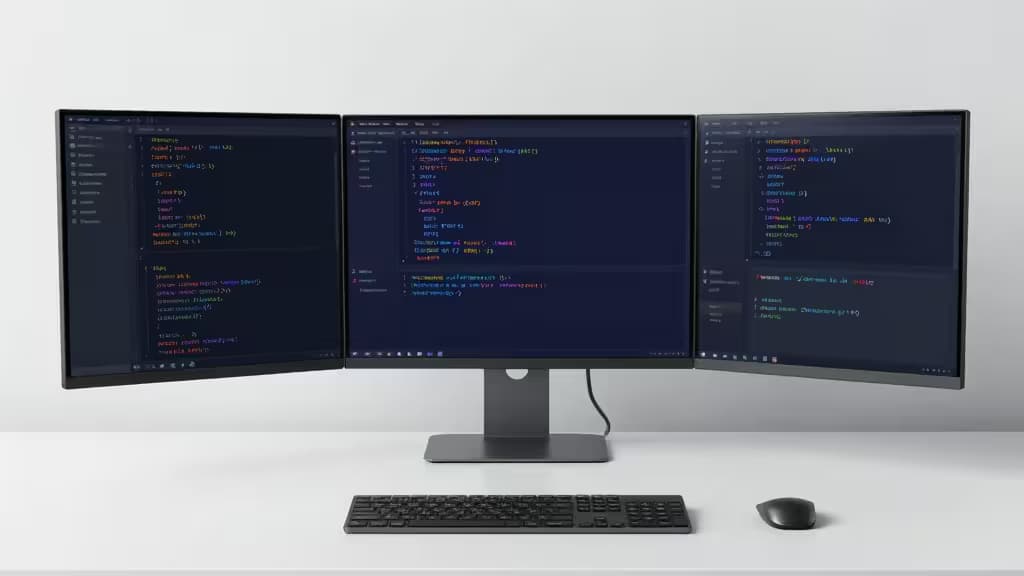 3台の湾曲モニターにAI拡張コードエディタが表示されたミニマルなデスク環境。キーボードとマウスが配置されている。