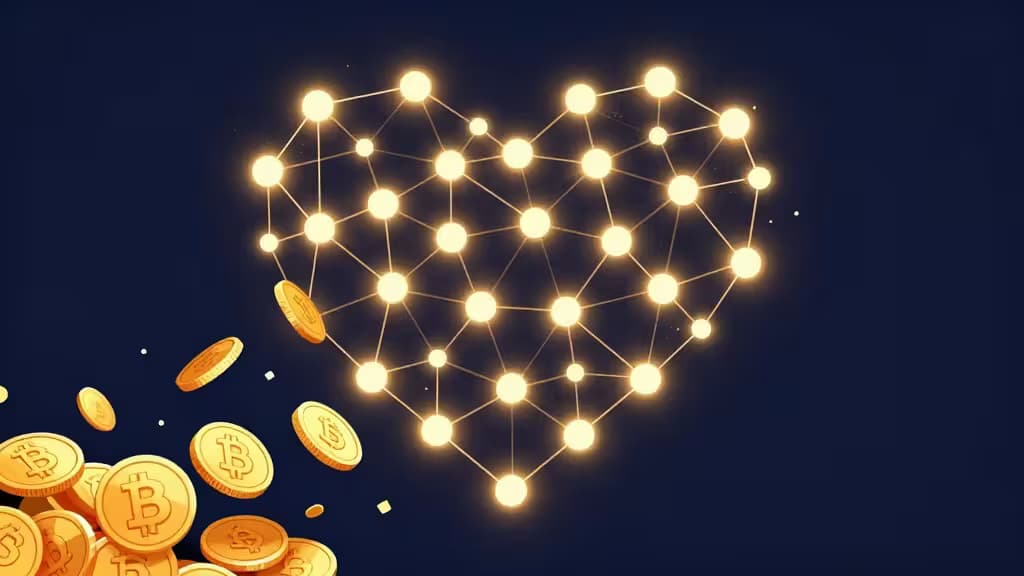 Corazón de red brillante recibe monedas de Bitcoin doradas sobre fondo azul oscuro.