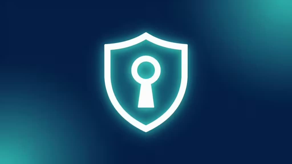 Glowing white shield icon with keyhole centered on gradient blue background, symbolizing secure authentication services.