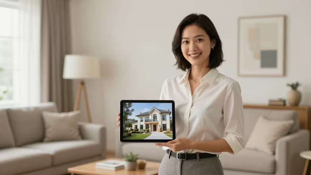 Smiling agent holds tablet displaying AI-generated luxury home listing in bright living room.