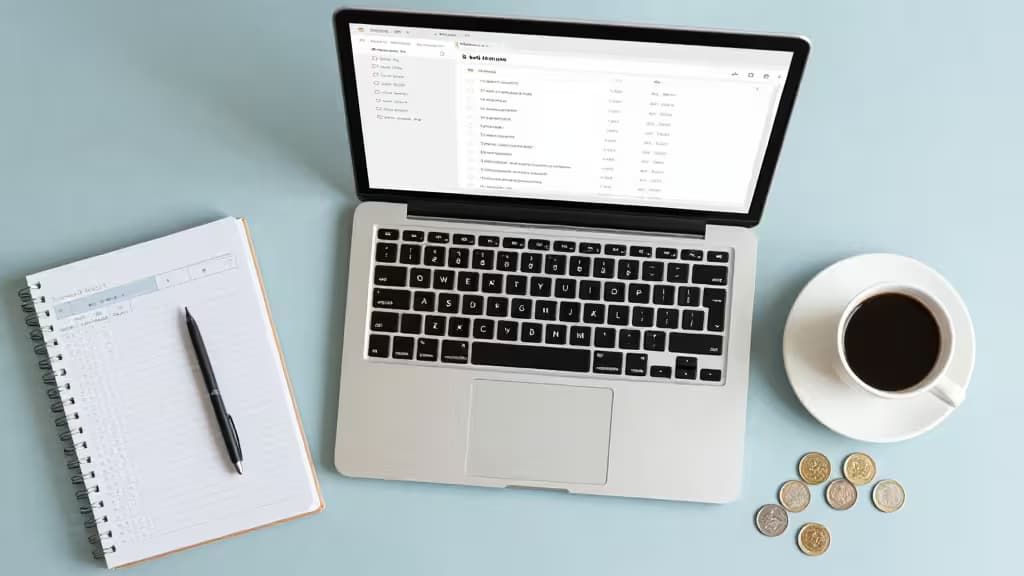 A freelancer's desk viewed from above, featuring a laptop with a banking dashboard, a notebook with budget notes, a coffee cup, and scattered coins in soft natural light.