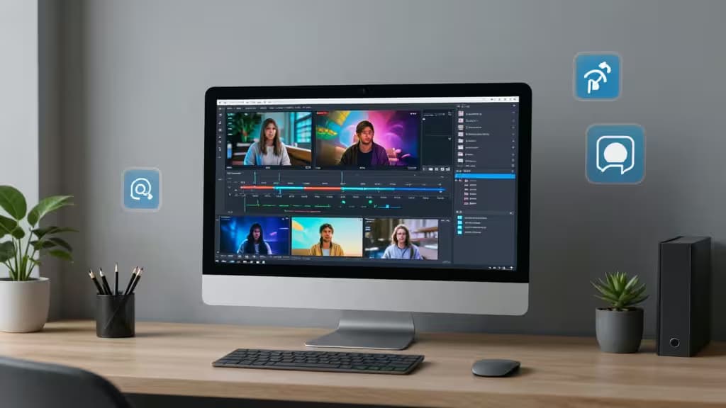 Un écran d'ordinateur affiche un éditeur vidéo IA avec des clips YouTube en cours de montage.