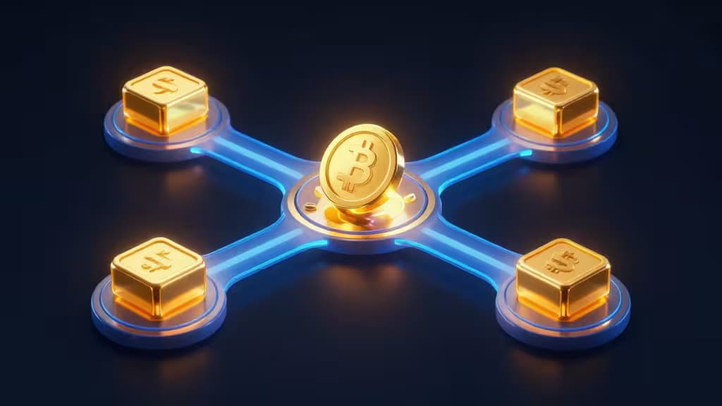 Glowing gold crypto tokens connect via blue light streams across a dark background, symbolizing liquid staking networks.