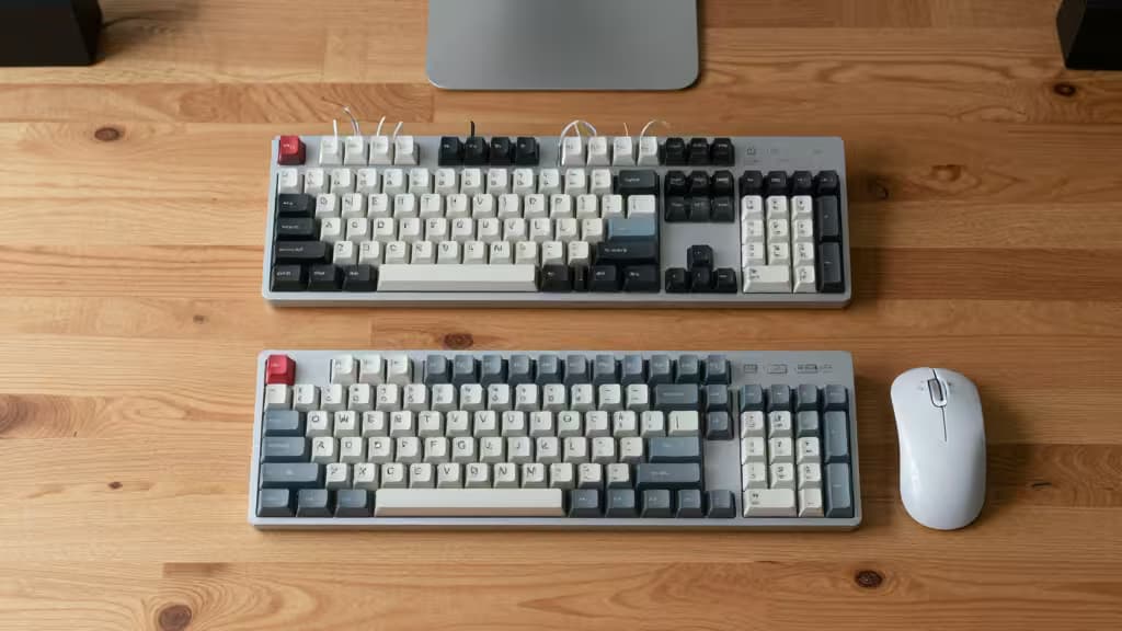 Twee ergonomische toetsenborden met golfvormige ontwerpen en compacte layouts rusten op een houten bureau.