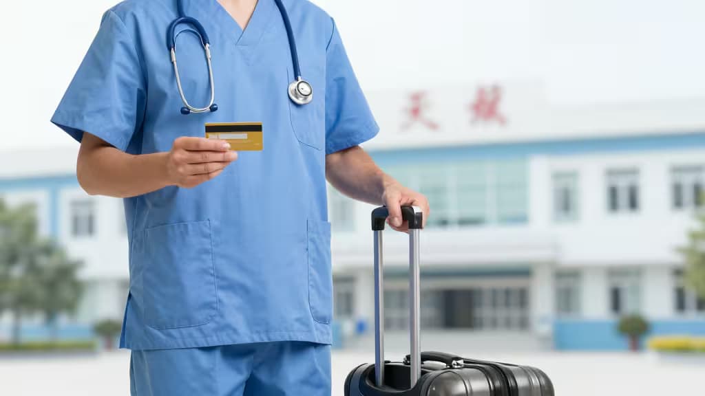 Une infirmière en tenue bleue tient une carte de crédit dorée et tire une valise noire.