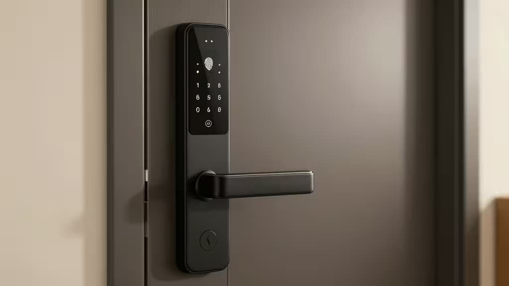 Matte black smart lock with illuminated keypad and fingerprint sensor mounted on minimalist door.