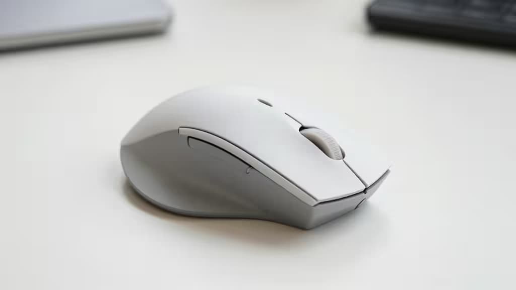 White vertical ergonomic mouse with matte plastic finish rests on clean white desk surface.