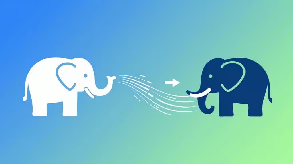 White MySQL elephant sprays data toward blue PostgreSQL elephant, symbolizing database migration.