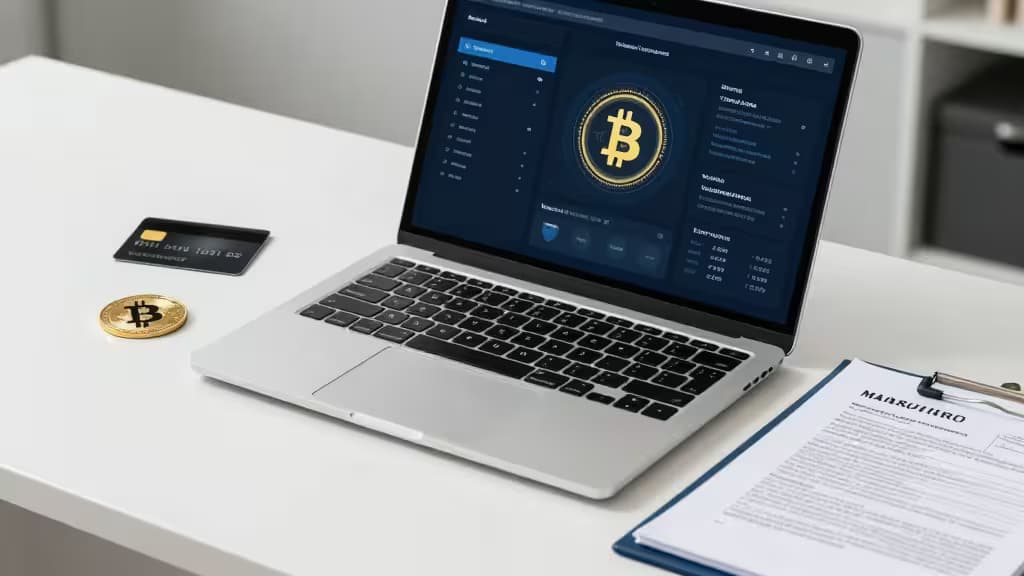 Laptop displays crypto dashboard beside physical Bitcoin, credit card, and LLC paperwork on white desk.
