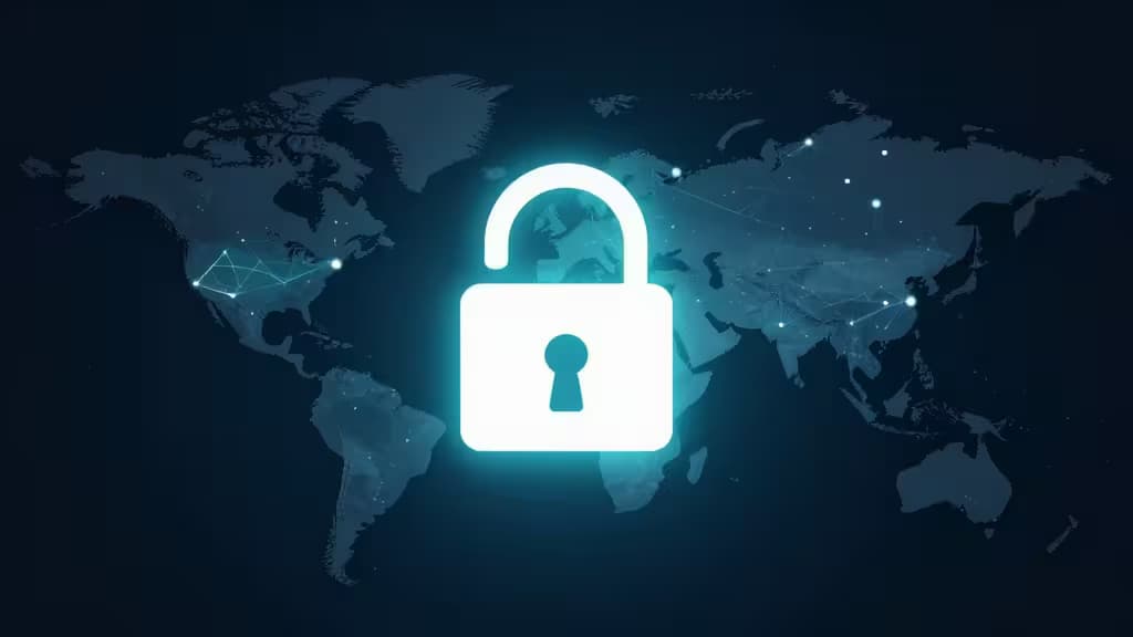Glowing cyan padlock icon overlays a dark blue world map with connected nodes, symbolizing secure global VPN access.