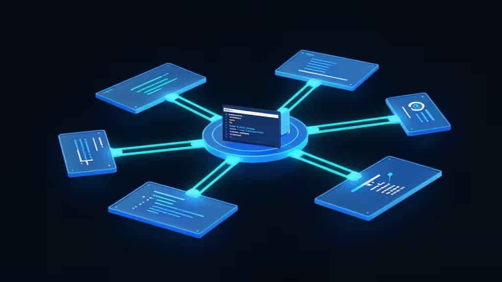 Abstracte illustratie van verbonden content-knooppunten in een donkere ruimte met blauwe en turquoise datastromen, passend bij een artikel over headless CMS voor developers.
