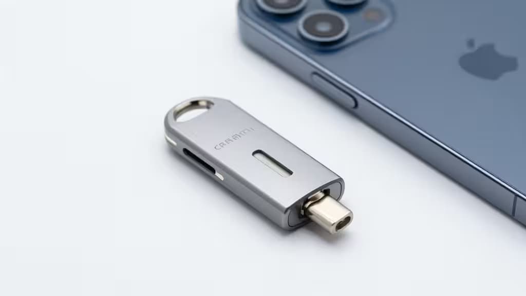 Una llave de seguridad FIDO2 plateada con conector USB-C reposa junto a un iPhone azul sobre una superficie blanca.