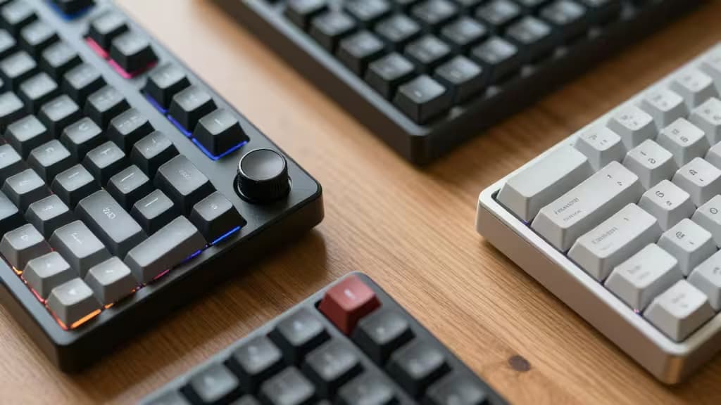 Three mechanical keyboards with RGB lighting and distinct keycaps rest on a wooden desk.