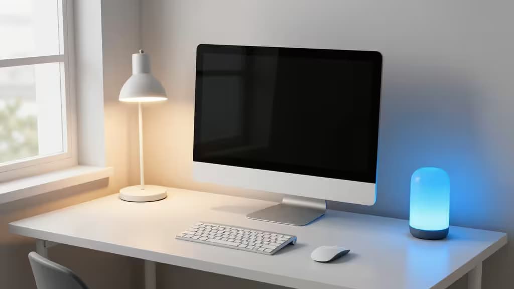 A modern white desk features a warm-lit lamp and cool blue smart light beside a sleek monitor.