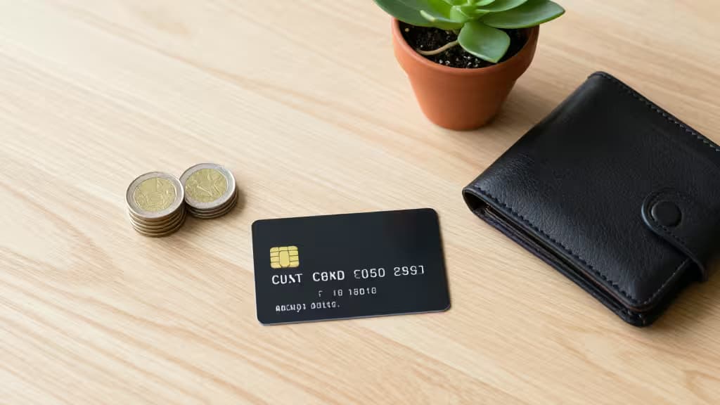 A black credit card, coins, wallet, and succulent plant on a wooden surface.