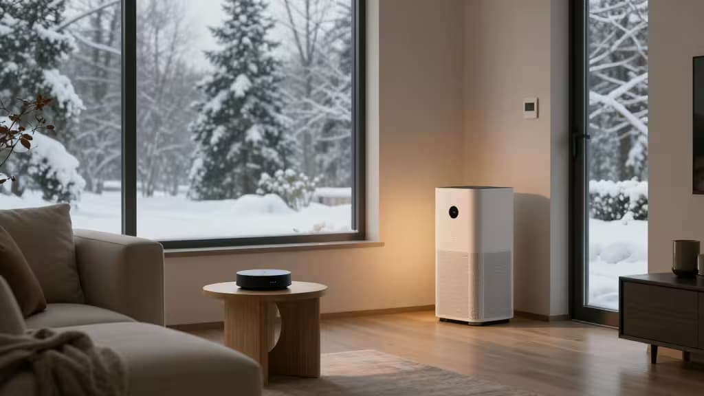 Un hub domotique noir posé sur une table en bois à côté d'un purificateur d'air blanc, avec un thermostat au mur et une vue enneigée par la fenêtre.