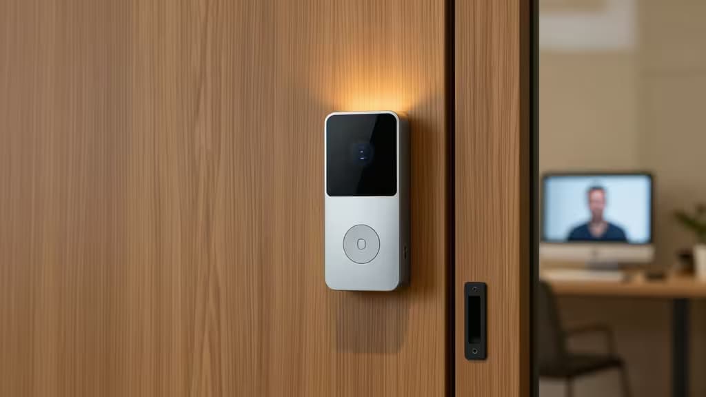 Sleek silver smart doorbell mounted on wood door, glowing warmly beside open doorway.