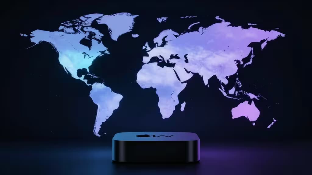 Un Apple TV negro frente a un mapa mundial brillante con textura de nubes, simbolizando acceso global a streaming y protección de privacidad.