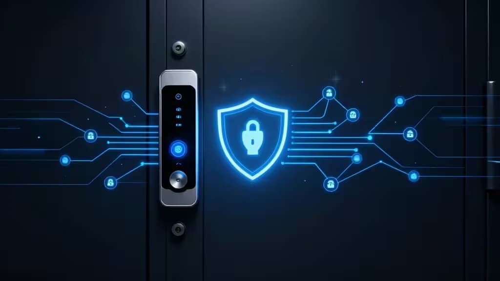Um escudo azul brilhante com ícone de cadeado sobre a porta de um rack de servidores escuro, ladeado por linhas semelhantes a circuitos e pequenos ícones de bloqueio, simbolizando federação de identidade empresarial segura.