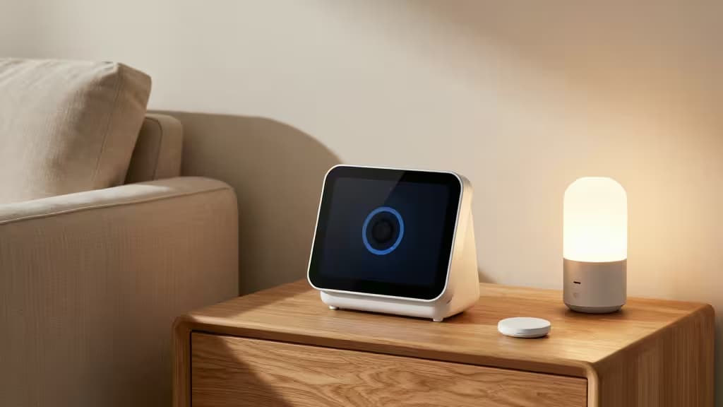 Google Nest Hub Max, smart lamp, and button on wooden nightstand in warm-lit living room.