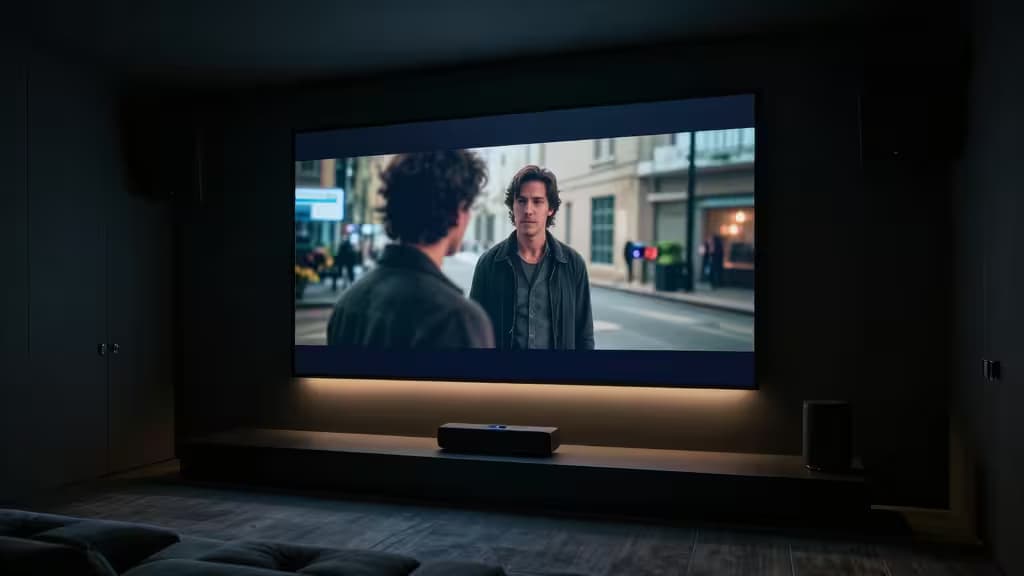 Un projecteur diffuse une scène cinématographique sur un mur dans un home cinéma moderne faiblement éclairé.