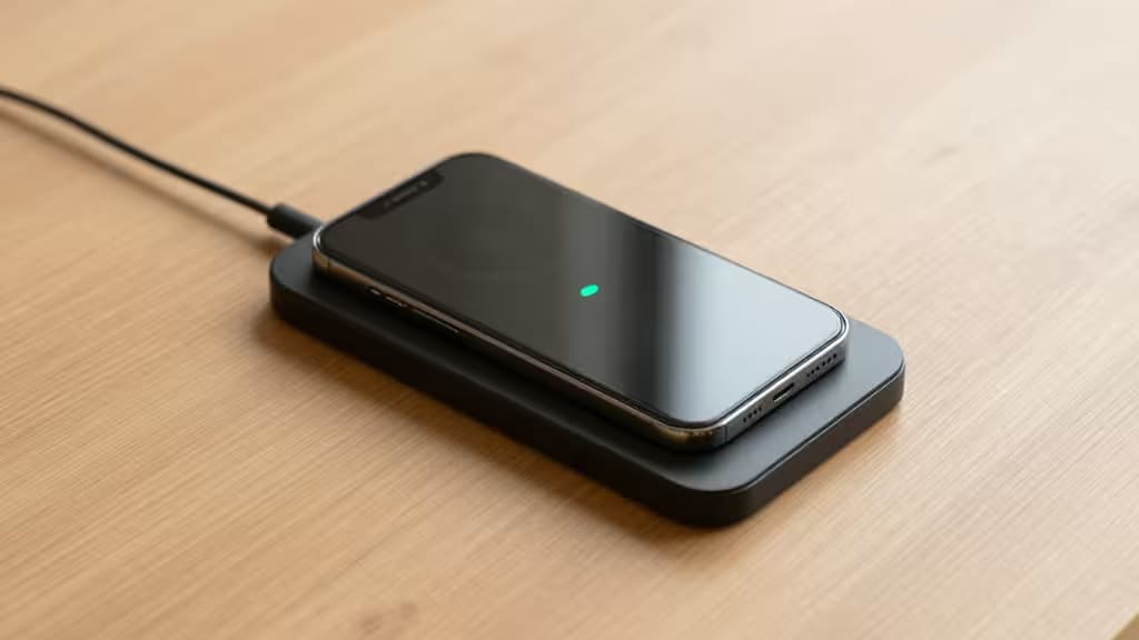 Un iPhone élégant repose sur un pad de charge sans fil noir mat posé sur un bureau en bois clair, illustrant un design minimaliste.