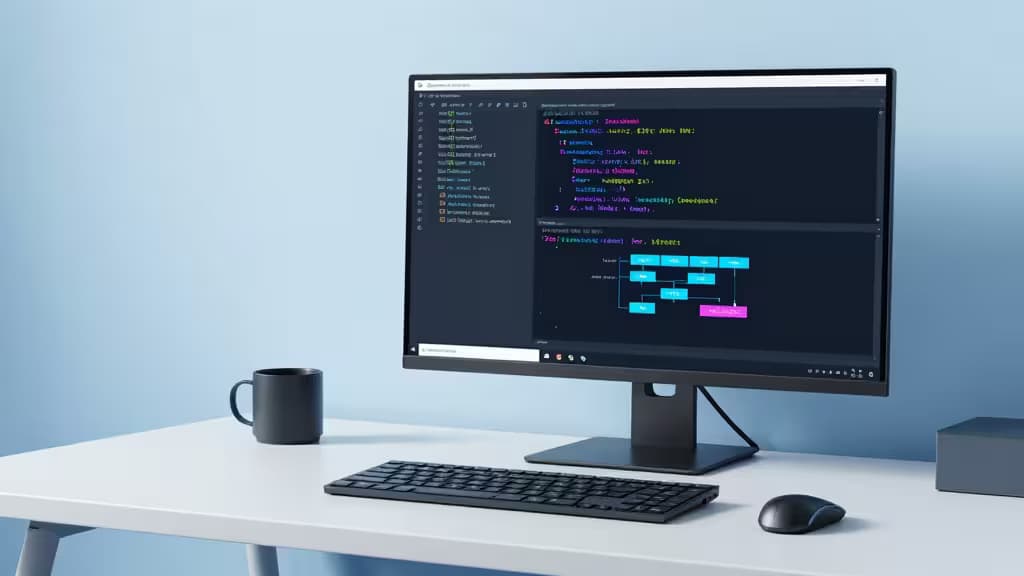 Un bureau blanc élégant avec un écran affichant du code CLI coloré, une tasse noire et un clavier à côté.