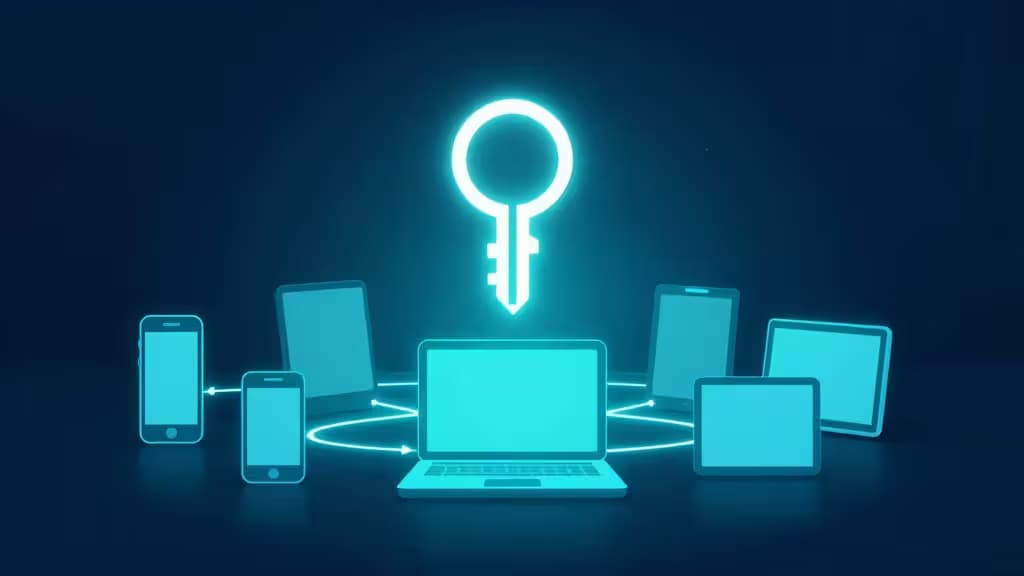 Abstrakte Darstellung digitaler Sicherheit: ein leuchtendes Schlüsselsymbol schwebt über mehreren Geräten, verbunden durch Synchronisationslinien auf blauem Hintergrund