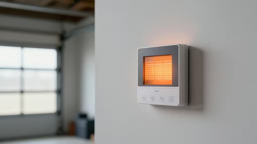 Termostato inteligente branco montado na parede da garagem com brilho laranja, mostrando elemento de aquecimento infravermelho.