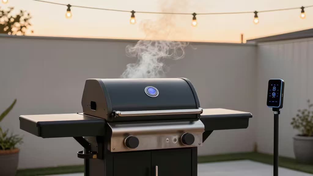 Moderne Grillecke bei Sonnenuntergang mit einem Pellet-Grill mit digitaler Anzeige, smartem Außenstecker und Lichterketten.