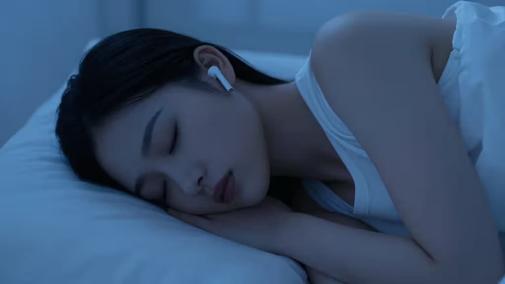 A person sleeping peacefully on their side wearing small wireless earbuds, bathed in soft moonlit blue light.