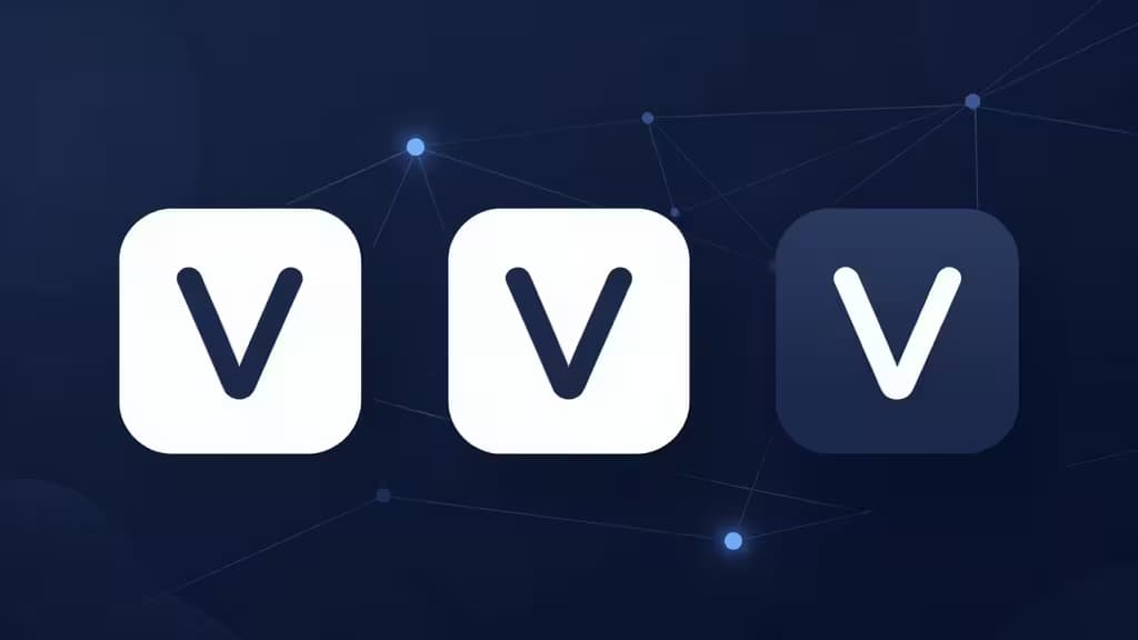 Three V-logo VPN app icons float on a dark blue tech network background.