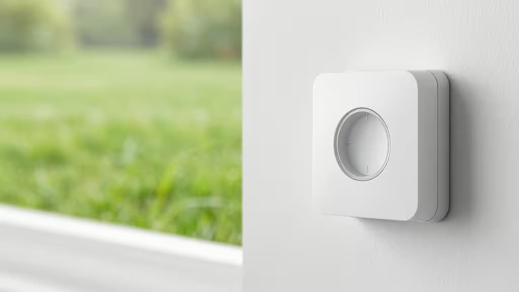 A sleek white smart sprinkler controller mounted on a wall beside a window overlooking greenery.