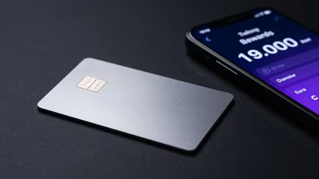 Металлическая криптокарта лежит рядом со смартфоном, на экране которого отображается панель стейкинг-наград, на тёмной поверхности
