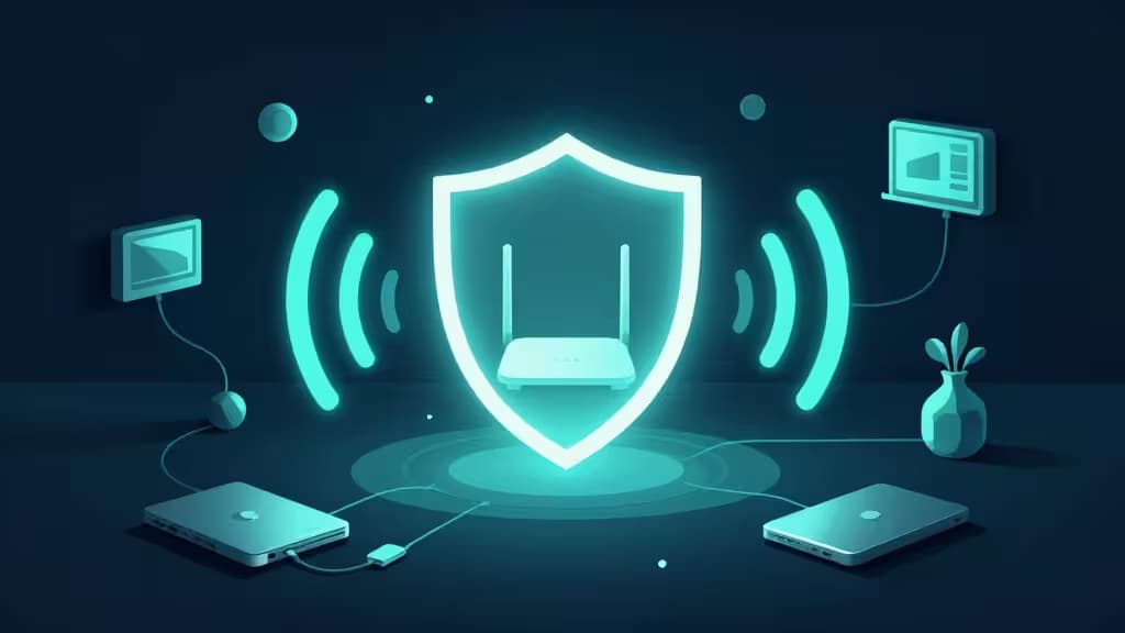 Ilustración abstracta de un hogar moderno con un escudo luminoso emanando de un router central, ondas de señal radiando hacia múltiples dispositivos en tonos azul oscuro y turquesa