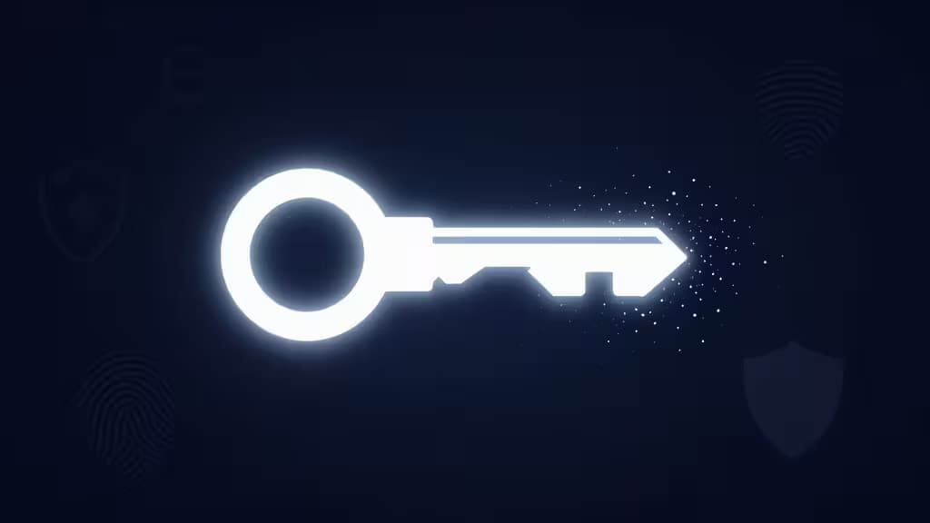 Glowing white digital key icon floats against dark blue background with faint security symbols.