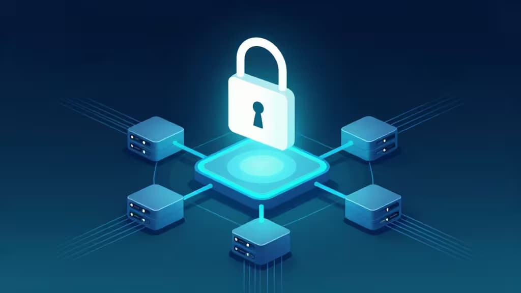 Illustration abstraite d'un coffre-fort de stockage cloud chiffré avec des nœuds serveurs interconnectés et des flux de données sécurisés sur fond bleu nuit.