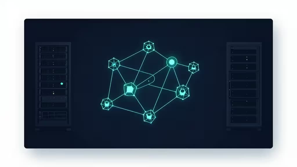 Abstract dark terminal interface floating over a stylized network of server racks and Kubernetes cluster nodes connected by glowing teal lines.