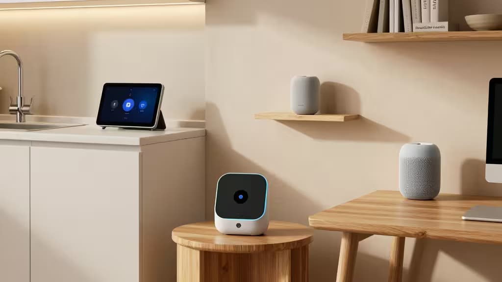 Smart home hubs displayed on wooden surfaces in a modern kitchen setting.